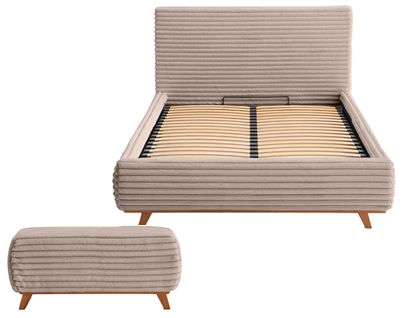 Cristal - Lit Coffre Avec Bout De Lit - 140x200 - Sommier Inclus - Fausse Fourrure Côtelée Taupe