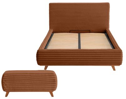 Cristal - Lit Coffre Avec Bout De Lit - 140x200 - Sommier Inclus - Fausse Fourrure Côtelée Rouille