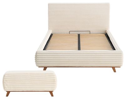 Cristal - Lit Coffre Avec Bout De Lit - 180x200 - Sommier Inclus - Fausse Fourrure Côtelée Beige