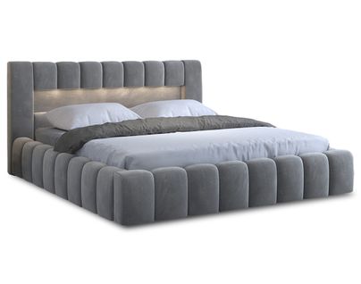 Cleo - Lit Coffre Avec LED - 160x200 Cm - Sommier Inclus - En Velours Gris Clair