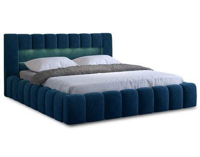 Cleo - Lit Coffre Avec LED - 160x200 Cm - Sommier Inclus - En Velours Bleu Canard