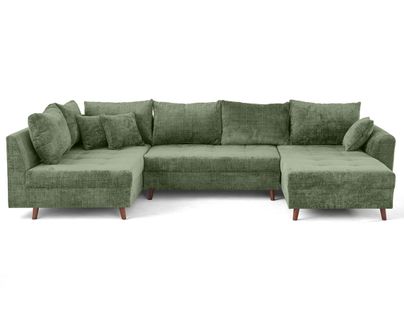 Rune - Canapé Panoramique D'angle Gauche 7 Places En Velours Texturé Vert Sauge