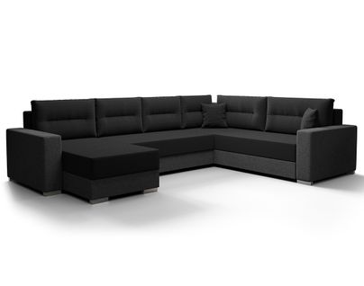 Leslie - Canapé Panoramique D'angle Réversible 7 Places Convertible Avec Coffre En Tissu