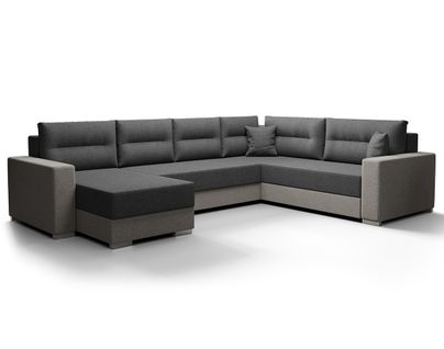 Leslie - Canapé Panoramique D'angle Réversible 7 Places Convertible Avec Coffre En Tissu