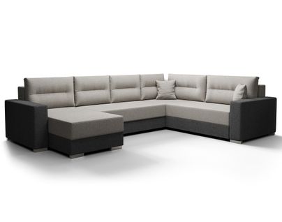 Leslie - Canapé Panoramique D'angle Réversible 7 Places Convertible Avec Coffre En Tissu