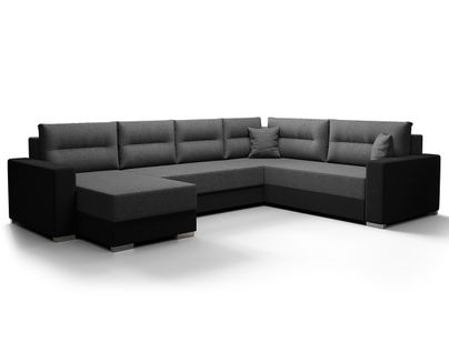 Leslie - Canapé Panoramique D'angle Réversible 7 Places Convertible Avec Coffre En Tissu