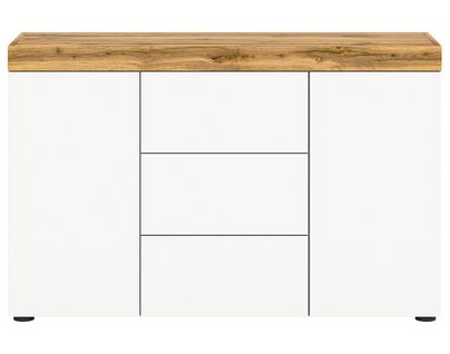 Olivier - Buffet Bas - 2 Portes Et 3 Tiroirs - Blanc Et Effet Bois - 125 Cm