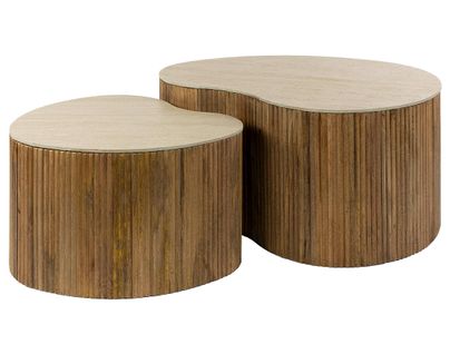 Jade - Lot De 2 Tables Basses Gigognes Effet Travertin - Pieds En Bois Massif De Manguier - 93 Et 76