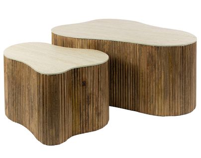 Jade - Lot De 2 Tables Basses Gigognes Effet Travertin - Pieds En Bois Massif De Manguier - 90 Et 61