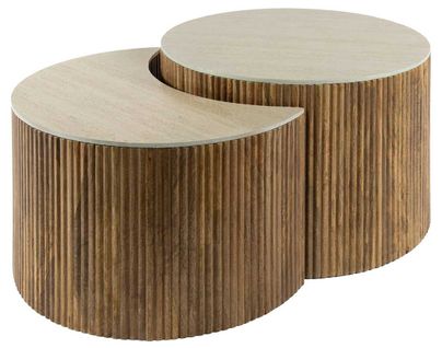 Jade - Lot De 2 Tables Basses Gigognes Effet Travertin - Pieds En Bois Massif De Manguier - 60 Cm