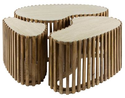 Jade - Lot De 3 Tables Basses Gigognes Effet Travertin - Pieds En Bois Massif De Manguier - 90, 70 E