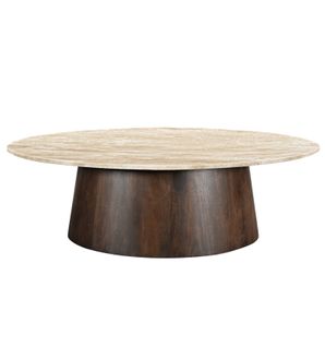 Stone-table Basse Ovale 120 X 65 Cm,travertin Et Manguier Teinté Noyer