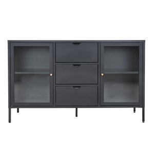 City-buffet 2 Portes Vitrées, 3 Tiroirs En Métal Noir 140x85 Cm