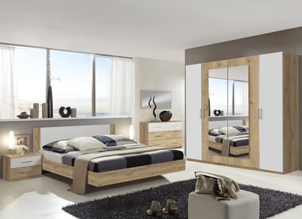 Chambre Adulte Imitation Chêne Poutre/blanc - Dim : 180 X 200 Cm