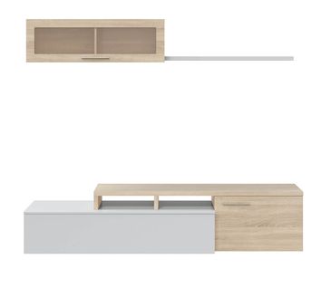 Séjour TV En Panneaux De Particules Blanc Brillant Et Chêne Canadien - Dim : L200 X P41 X H44 Cm