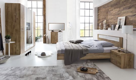 Chambre à Coucher En Panneaux De Particules Imitation Chêne Poutre/blanc/chrome - 180 X 200 Cm  -