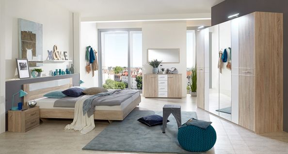 Chambre Adulte Complète, Imitation Chêne, Rechampis Verre Blanc + Chrome - Dim : 160 X 200 Cm  -