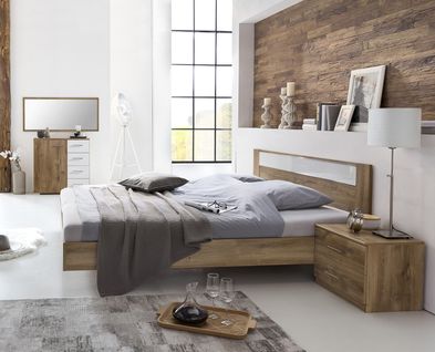 Chambre à Coucher En Panneaux De Particules Imitation Chêne Poutre/blanc/chrome - 140x200 Cm