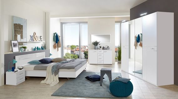 Chambre Adulte Complète, Coloris Blanc, Rechampis Verre Blanc + Chrome - Dim : 160 X 200 Cm  -