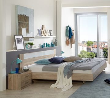 Lit Adulte Avec 2 Chevets Imitation Chêne, Rechampis Verre Blanc + Chrome - Dim: 140 X 200 Cm  -