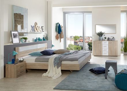 Chambre à Coucher Imitation Chêne, Rechampis Verre Blanc + Chrome - Dim: 140 X 200 Cm  -