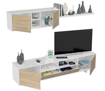 Ensemble TV Coloris Blanc Brillant / Chêne Canadien - Dim : 200 X 41 X 46 Cm