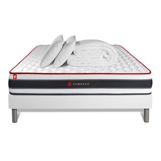 Ensemble Matelas Energy 160x200 + Sommier Blanc + Couette + 2 Oreillers - Ressorts Ensachés Et Mémoi
