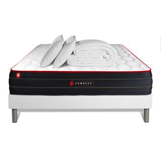 Ensemble Matelas Boost 160x200 + Sommier Blanc + Couette + 2 Oreillers - Ressorts Ensachés Et Mémoir