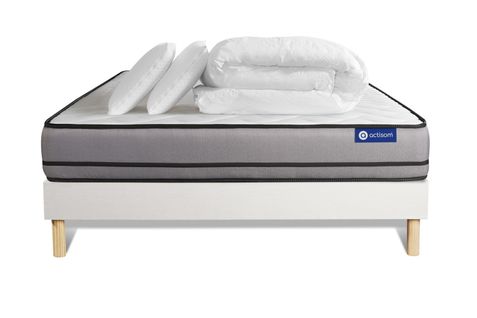 Ensemble  Matelas Actimemo 160x200cm à Mémoire De Forme 3zones De Confort + Sommier Kit Blanc + 2 Or
