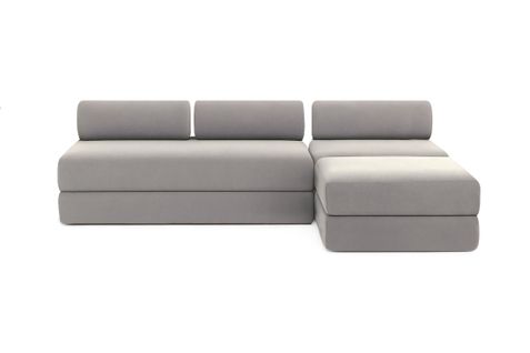 Canapé D'angle Convertible 6 Places - Tissu Lisse - Gris Clair