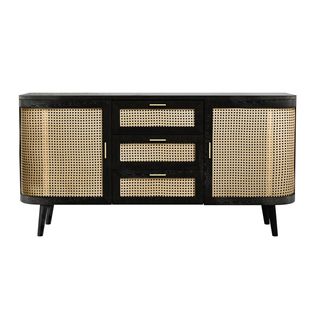 Buffet Noir 2 Portes 3 Tiroirs En Bois De Manguier Et Cannage - Wendy