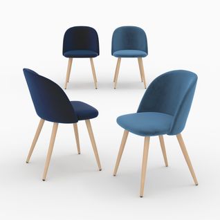 Pack 4 Chaises En Velours Bleu Foncé Et Bleu - Cozy