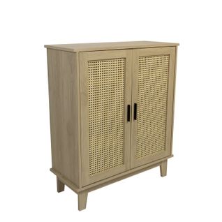 Commode Avec 2 Portes Et 3 Étagères Cannage En Bois Naturel 80 X 34 X 96 Cm