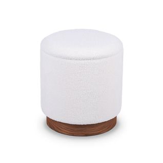 Pouf Coffre Juliette Tissu Bouclette Blanc et Base Bois Foncé