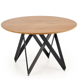 Table De Salle à Manger Ronde Avec Plateau Aspect Chêne Doré Et Piètement Design En Acier Noir Spin