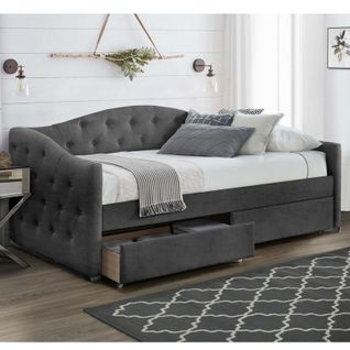 Lit 90 X 200 En Velours Gris Capitonné Avec Tiroirs De Rangement Corfu