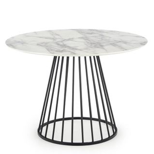 Table Ronde Avec Plateau Aspect Marbre Blanc Et Pied Central Design En Métal Noir Dagan