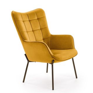 Fauteuil En Velours Jaune Moutarde Avec Dossier Matelassé Et Pieds Noirs En Acier Gipsy