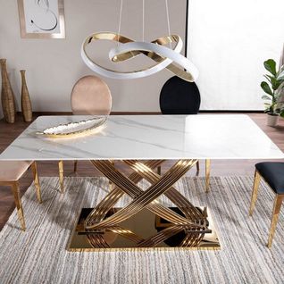 Table De Salle à Manger 160x90 Céramique Aspect Marbre Et Pieds Métal Doré Domitille
