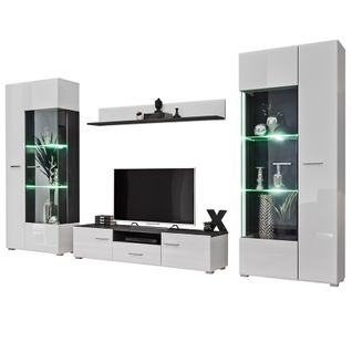 Ensemble TV Mural Noir Et Blanc Brillant Avec Éclairage LED Intégré Laika