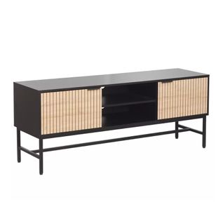Meuble TV Loreens 150 Cm Métal Noir Mat Et Bois Rainuré Design Industriel