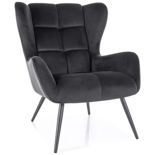 Fauteuil Velours Noir Dossier Capitonné Style Lounge Pieds Métal Noir Suite