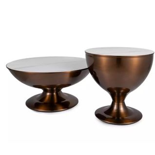 Ensemble De Deux Petites Tables D'appoint Rondes En Métal Effet Marbre Blanc Et Cuivre Hauteur 38 Cm