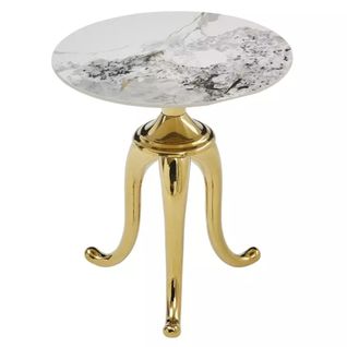 Table D'appoint En Acier Inoxydable Blanc Brillant Effet Marbre Avec Pieds Or Nacre