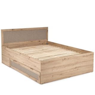 Lit 2 Place Aspect Chêne Naturel Et Rotin Avec Tiroir De Rangement Kina