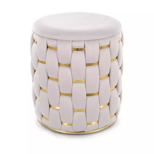Pouf Rond Tressé Beige En Velours Avec Rangement Discret Et Détails Dorés Toppiz