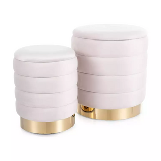 Pouf De Rangement En Velours Beige Avec Base Dorée Soulier