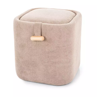 Pouf Beige Avec Rangement Intégré, Tissu Doux Et Poignée Bois Zester