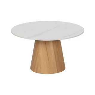 Table Basse Ronde 80 Cm Marbre Céramique Blanc Socle Conique Chêne Kerea