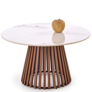 Table Basse Ronde Aspect Marbre 80 Cm Avec Pied Plaqué Noyer Karen